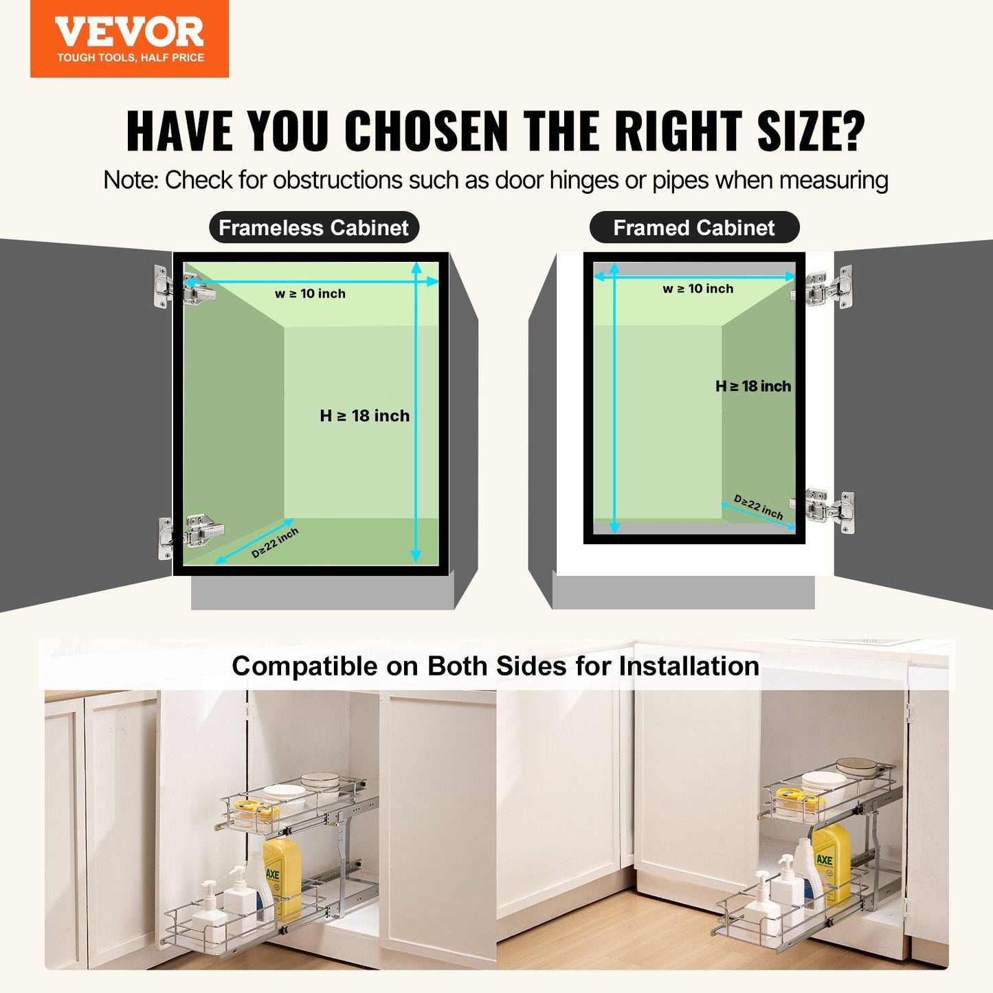 2-Tier 8.5"Wx21"Dx15"H Wire Pull Out Cabinet Under Sink Organizer Drawer Basket, 10"Wx22"Dx18"H  Install Size For Cabinet