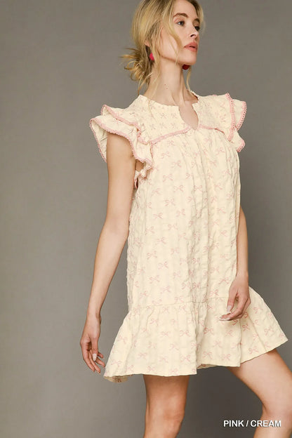 Umgee Bow Print Ruffled Cap Sleeve Mini Dress