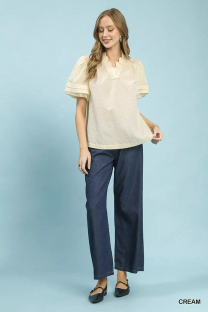 Umgee Textured Scallop Trim Puff Sleeve Blouse