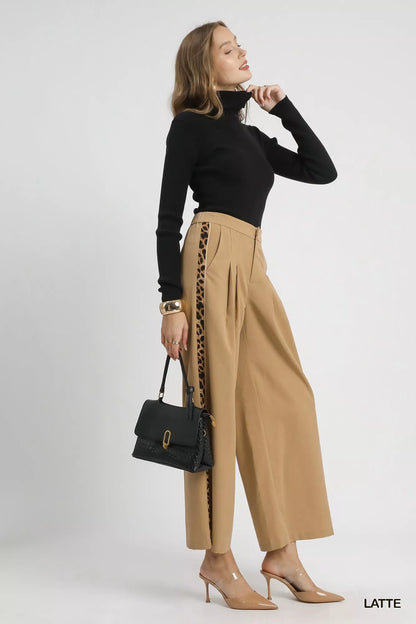Umgee Front Pleated Wide-Leg Pants with Contrast Trim