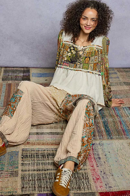 POL Balloon Sleeve Peplum Blouse with Trim Detail