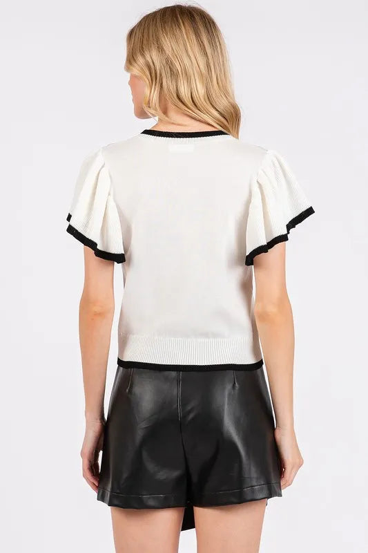 Mittoshop Contrast Trim Ruffled Cap Sleeve Knit Top