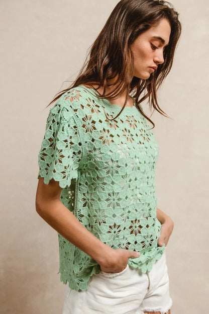 BiBi Openwork Crochet Short Sleeve Knit Top