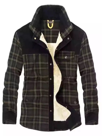 Men's Full Size Plaid Fleece Lined Snap Down Jacket Plus Size