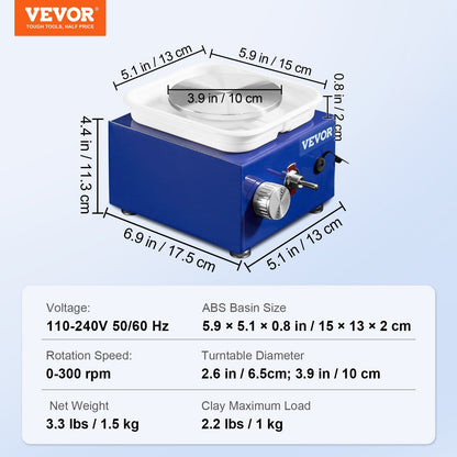 VEVOR Mini Pottery Wheel, For Kids Or Beginners, 2 Turntables 2.6in 3.9in Ceramic Wheel Machine, Adjustable 0-300RPM Speed ABS Detachable Basin, 17 Pottery Accessories, Work Art Craft DIY, 30W, Blue