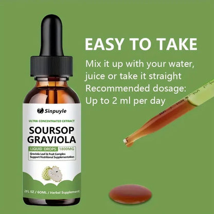 Soursop Graviola 1800mg Ultra Concentrated Liquid Drops - Leaf & Fruit Herbal Supplement, Immune Support, 60ml