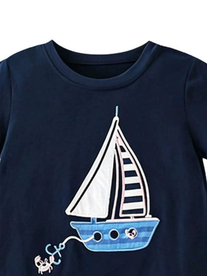 Children's Sailboat Graphic Round Neck T-Shirt