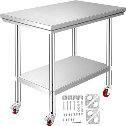 VEVOR Stainless Steel Work Table 36x24 Inch With 4 Wheels Commercial Food Prep Worktable With Casters Heavy Duty Work Table For Commercial Kitchen Restaurant
