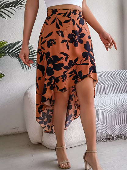 Floral Print Ruffle Hem Asymmetrical Skirt