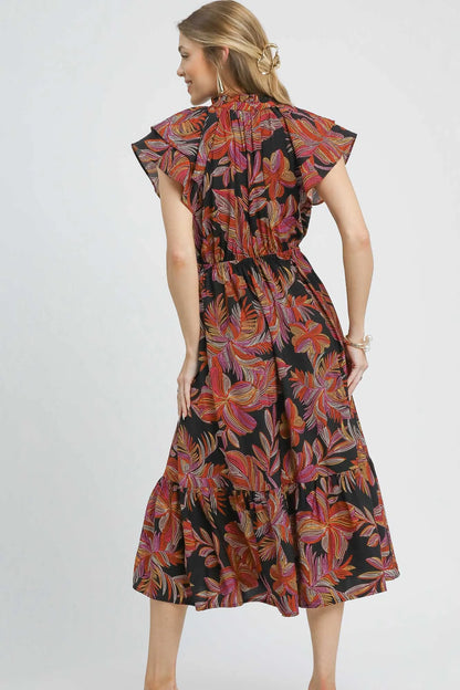 Umgee Mix Ruffle Sleeve Tropical Midi Dress