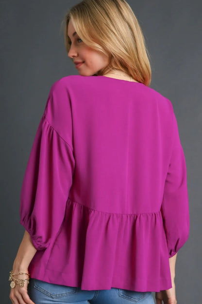 Umgee Full Size V-Neck Puffed 3/4 Sleeve Babydoll Blouse Plus Size