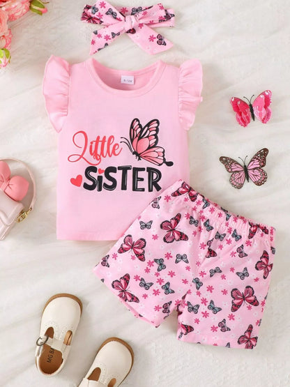 Children's Little Sister Butterfly Print Ruffle Trim Set