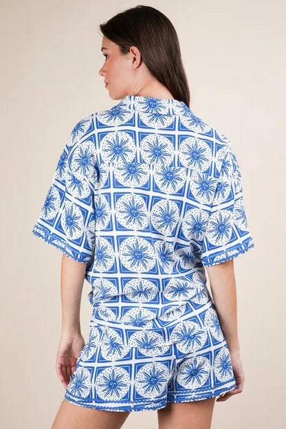 VERY J Full Size Tropical Printed Shirt Top and Shorts Set Plus Size
