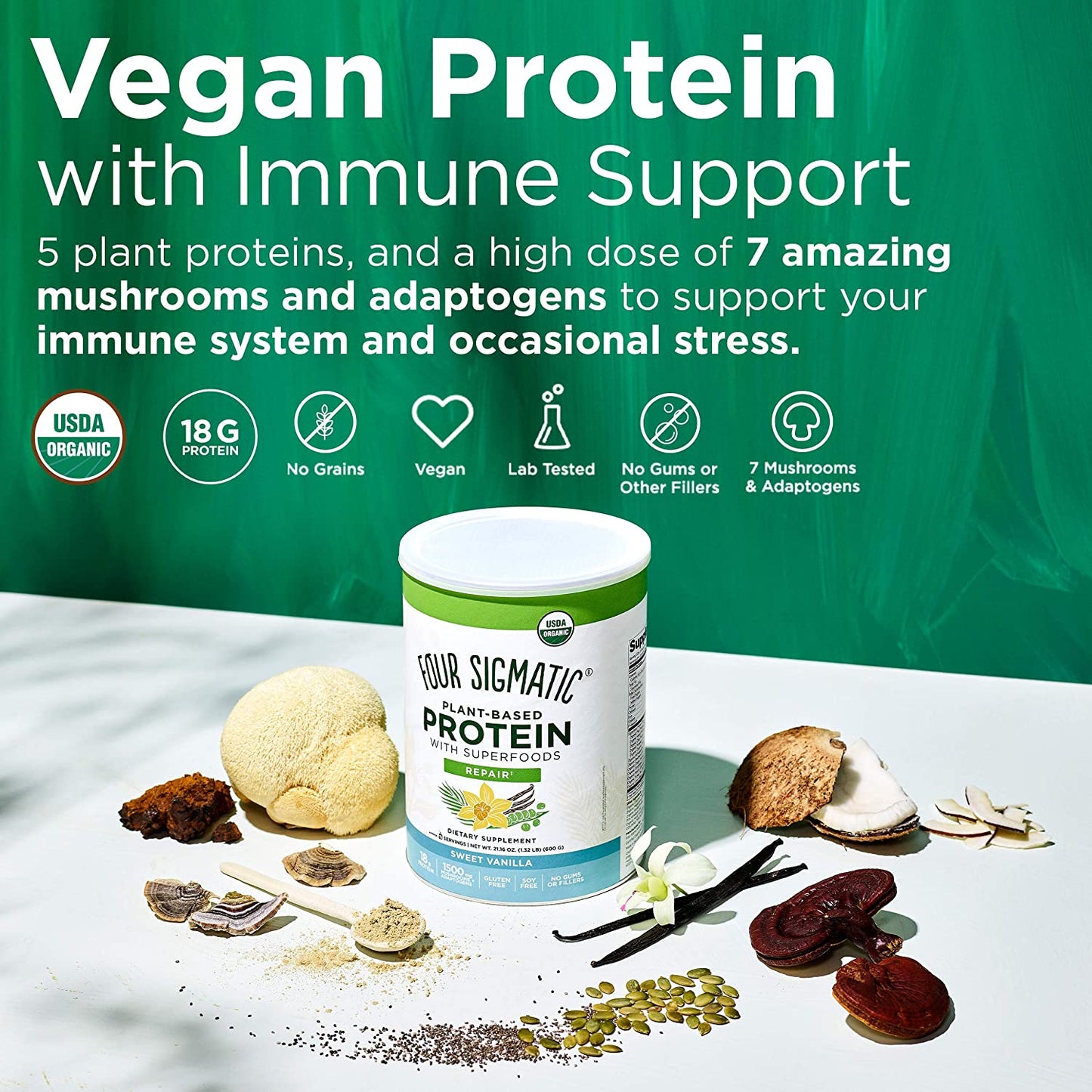 Four Sigmatic - Plant Based Protein With Superfood - Sweet Vanilla  21.16 Oz