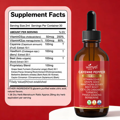 WINYEL Cayenne Pepper Drops Herbal Supplement, Hawthorn Berry, Vitamin D3 K2, Beet Root, Ceylon Cinnamon, Turmeric & Berberine Extract, 60ML