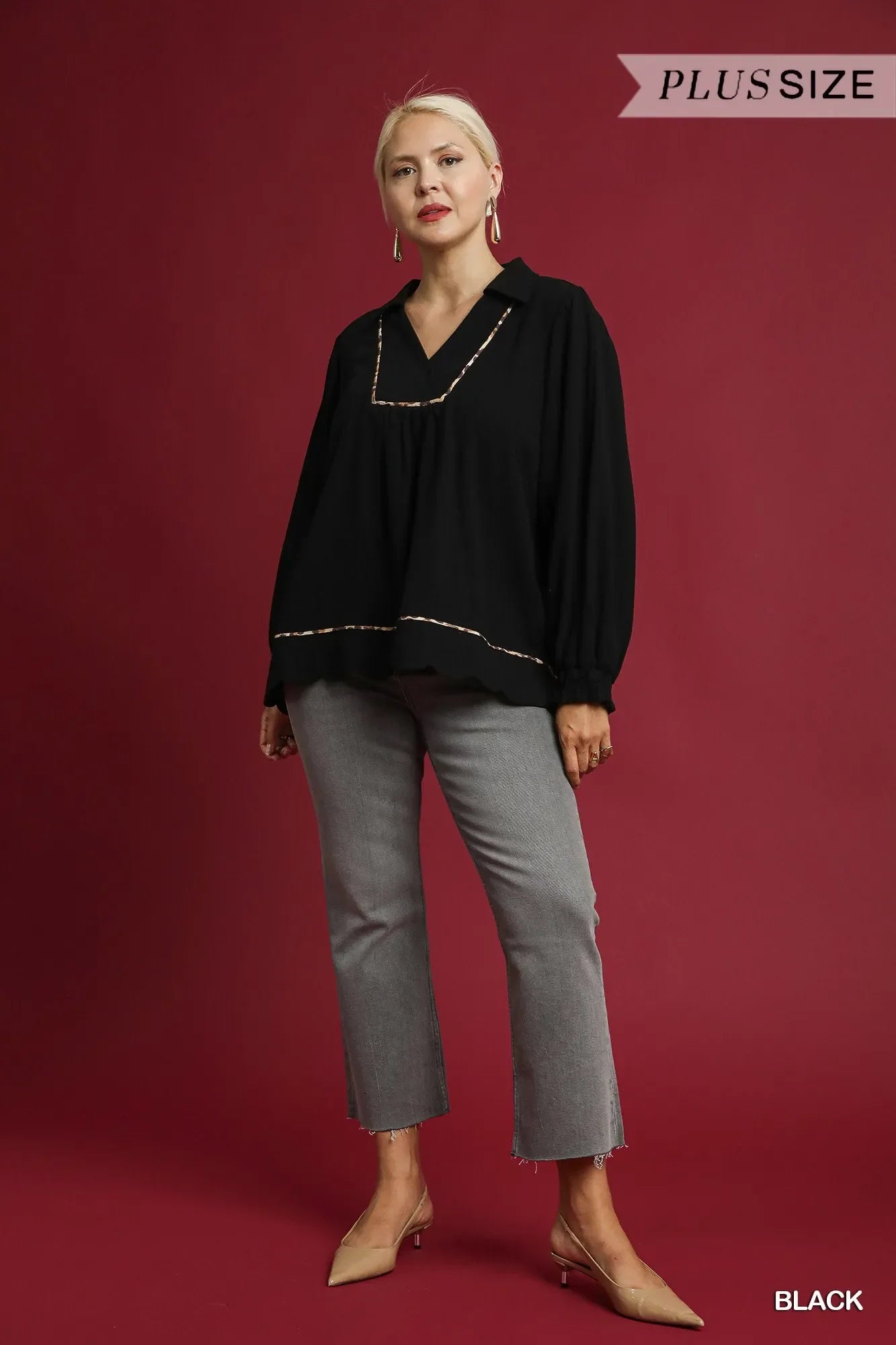 Umgee Full Size Linen Scallop Hem Blouse with Contrast Trim Plus Size