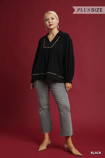 Umgee Full Size Linen Scallop Hem Blouse with Contrast Trim Plus Size