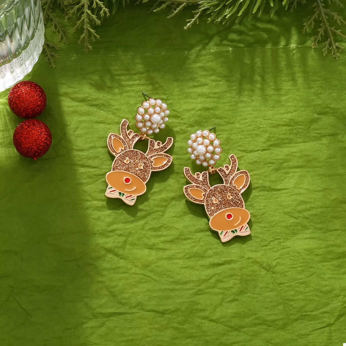 Reindeer Drop Earrings with Pearl Accents