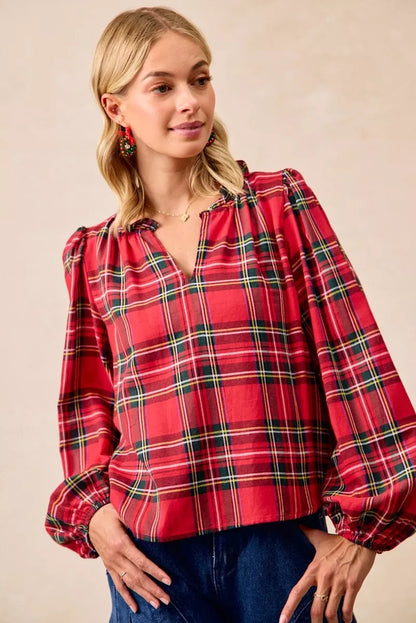 BiBi Christmas Plaid Balloon Sleeves Ruffled V-Neck Top