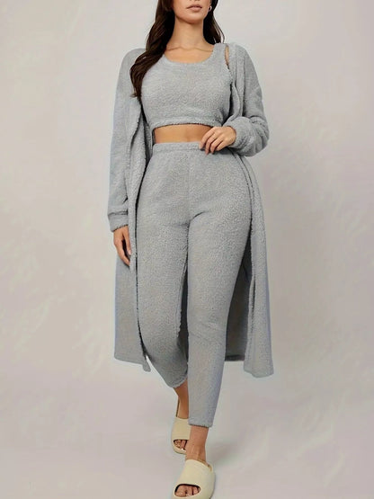 Fuzzy Tank Long Sleeve Cardigan and Pants 3-Piece Lounge Set