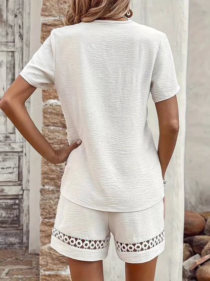 Lace Trim V-Neck Top and Shorts Two-Piece Set