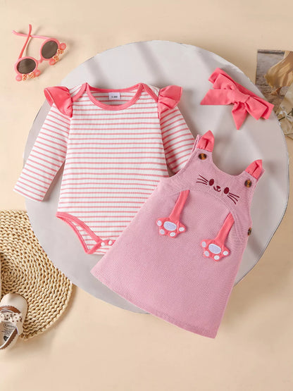Children's Ruffled Trim Bodysuit and Dress Set with Headband