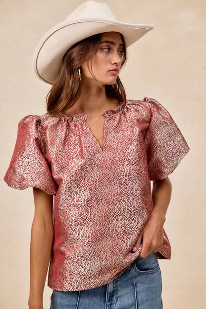 BiBi Jacquard Woven Short Balloon Sleeves V Neck Top