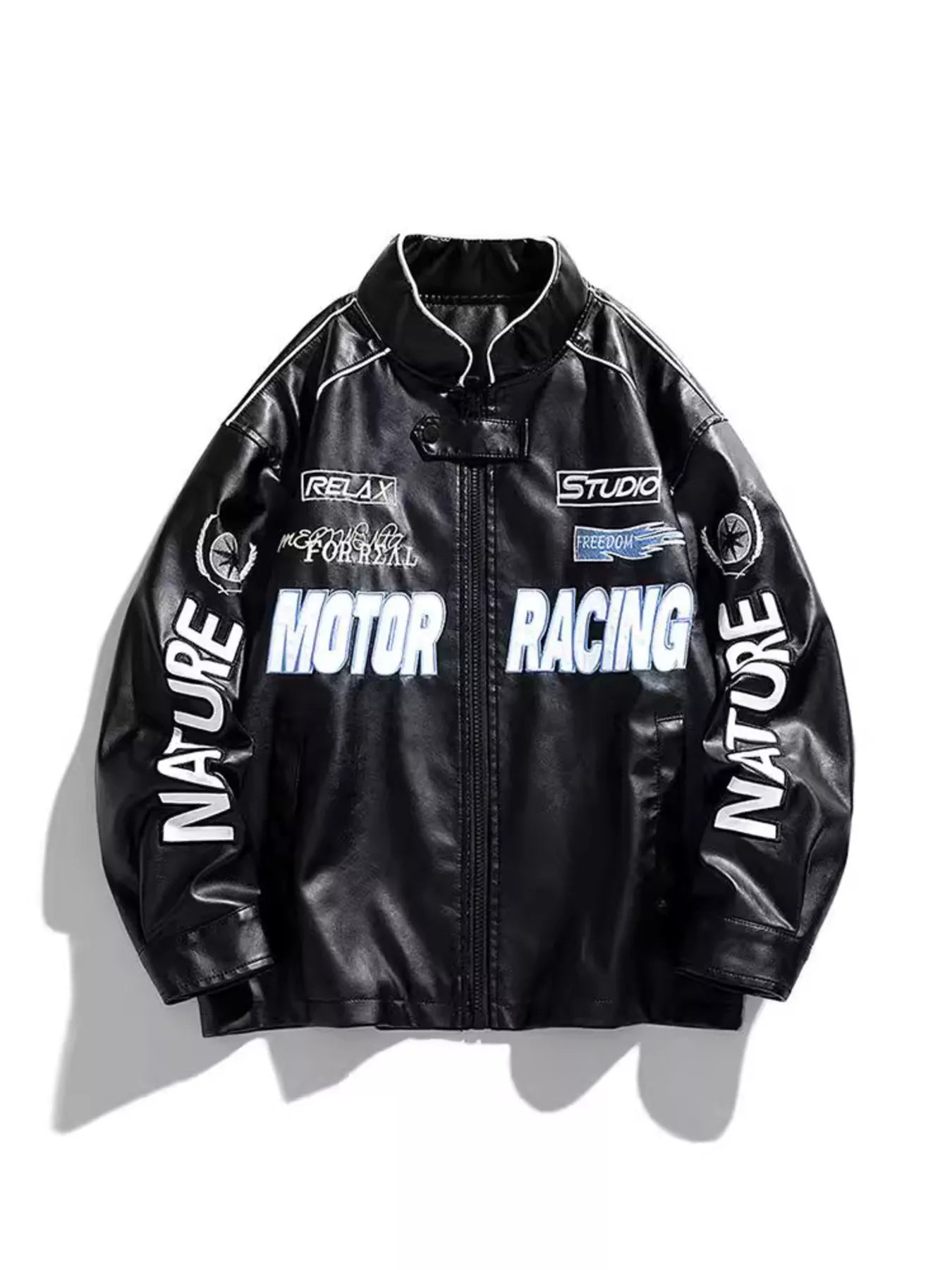 Men's Plus Size Zip Up Motor Racing Leather Jacket