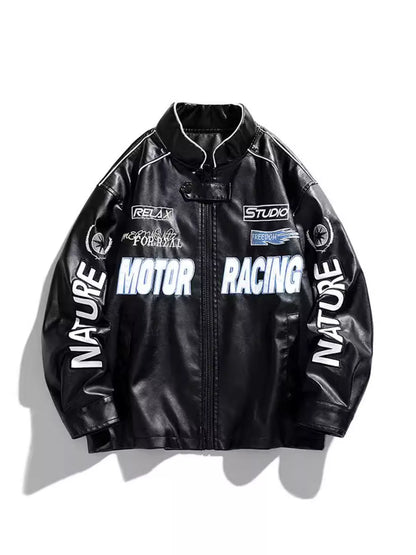 Men's Plus Size Zip Up Motor Racing Leather Jacket