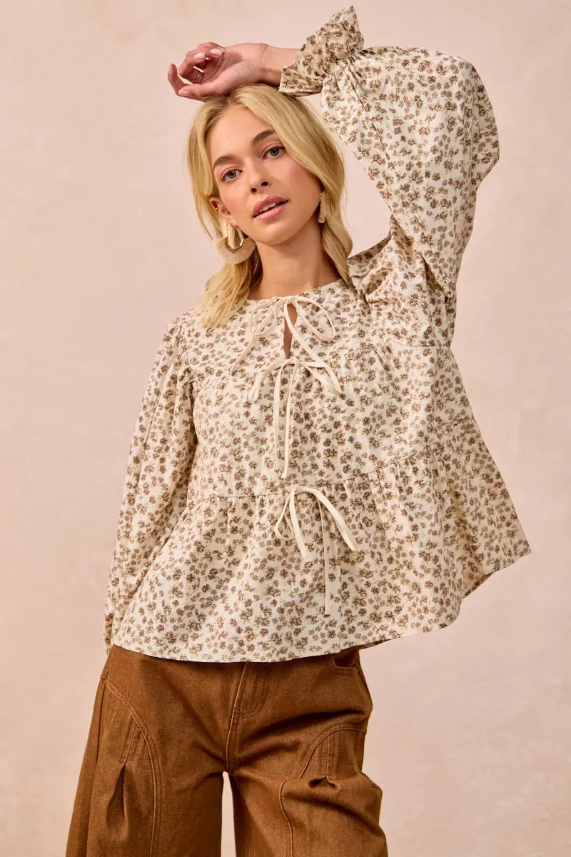 BiBi Floral Printed Peplum Blouse with Shirring and Tied