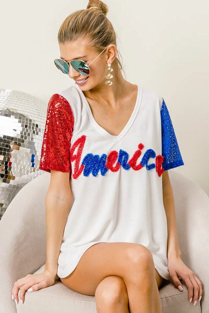 BiBi Metallic Letter V-neck Sequin Sleeves Top