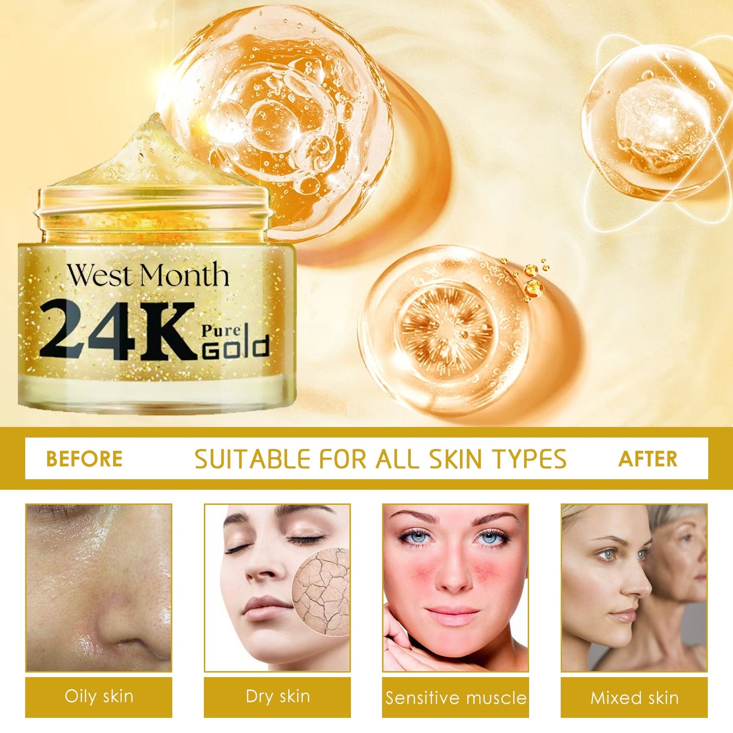 West Month 24k Pure Gold Collagen Face Cream, Lighten Lines Brighten Skin, Firm And Anti-wrinkle Cream