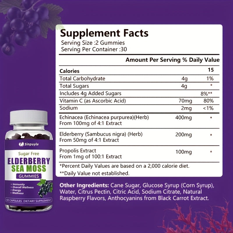 Sugar Free Elderberry Sea Moss Gummies - Immune Support, Daily Wellness & Energy Boost Supplement, 60 Count