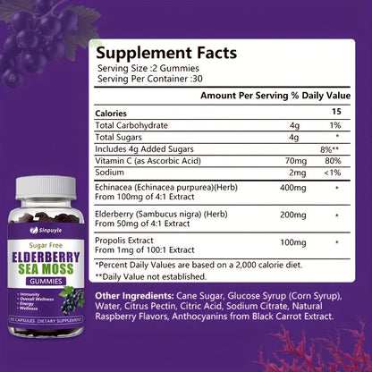 Sugar Free Elderberry Sea Moss Gummies - Immune Support, Daily Wellness & Energy Boost Supplement, 60 Count