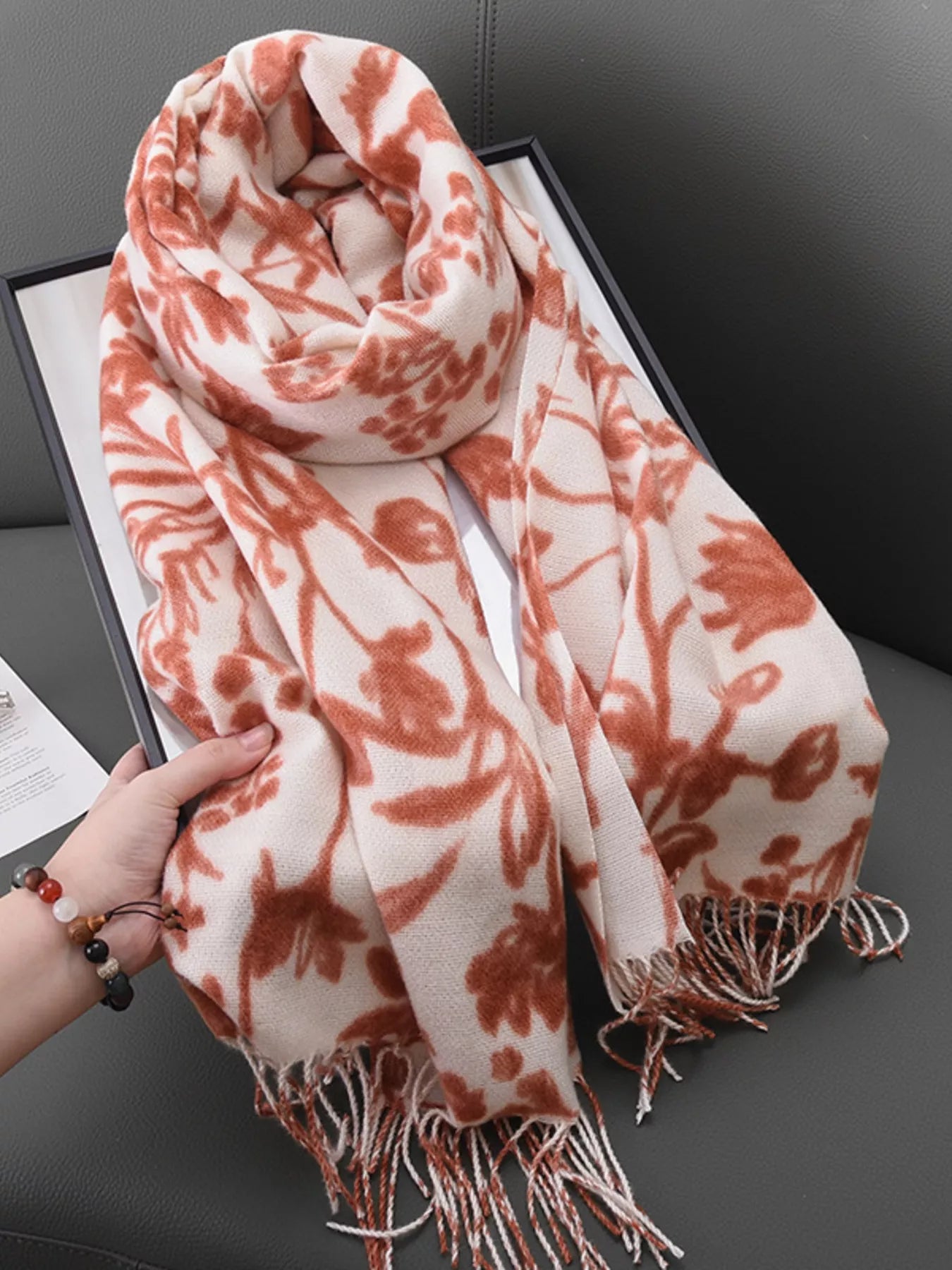 Floral Print Scarf with Fringe Detail