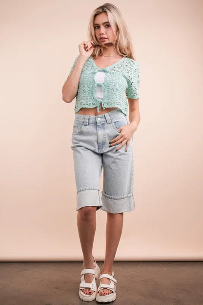 VERY J Front Tie Crochet Crop Top