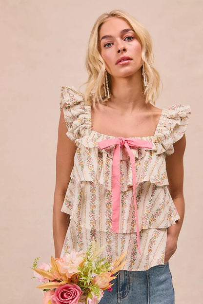 BiBi Floral Printed Woven Front Bow Tied Ruffled Square Neck Sleeveless Top