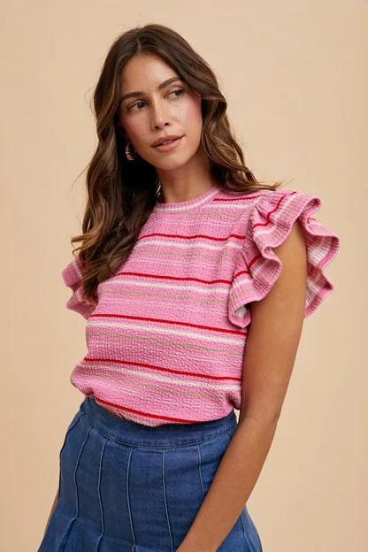 Annie Wear Multi Stripe Ruffle Sleeve Textured Knit Top