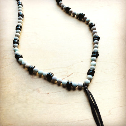 **Frosted Aqua Terra Necklace w/ Wood Beads & Leather Tassel 258a