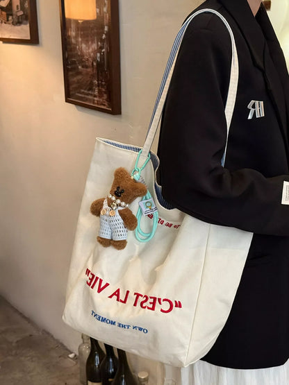 Letter Embroidered Canvas Shoulder Bag