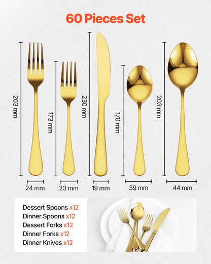 60-Piece Silverware Set Stainless Steel Cutlery Flatware Utensil Kitchen For 12