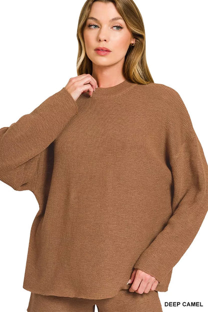Zenana Round Neck Knit Top and Shorts Sweater Set