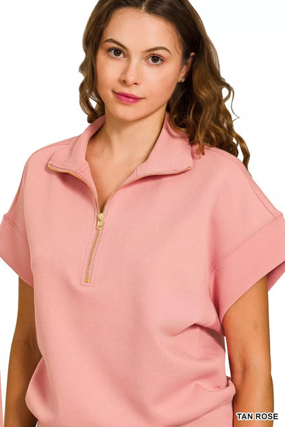 Zenana Full Size Scuba High Neck Half Zip Short Sleeve Top Plus Size