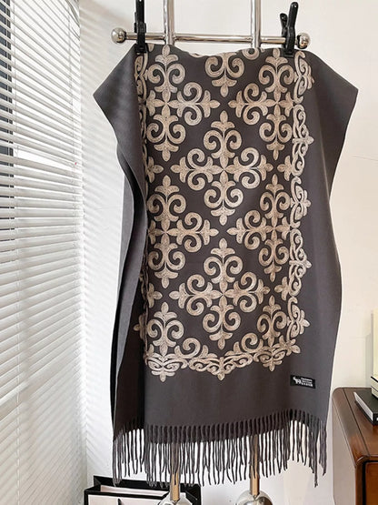 Embroidered Fringe Scarf