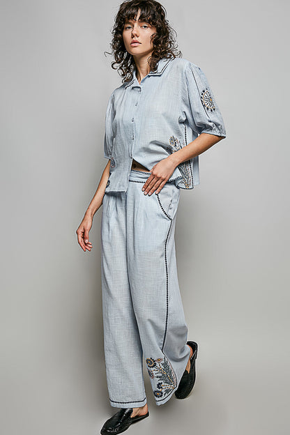 POL Button Down Embroidered Floral Short Sleeve Shirt