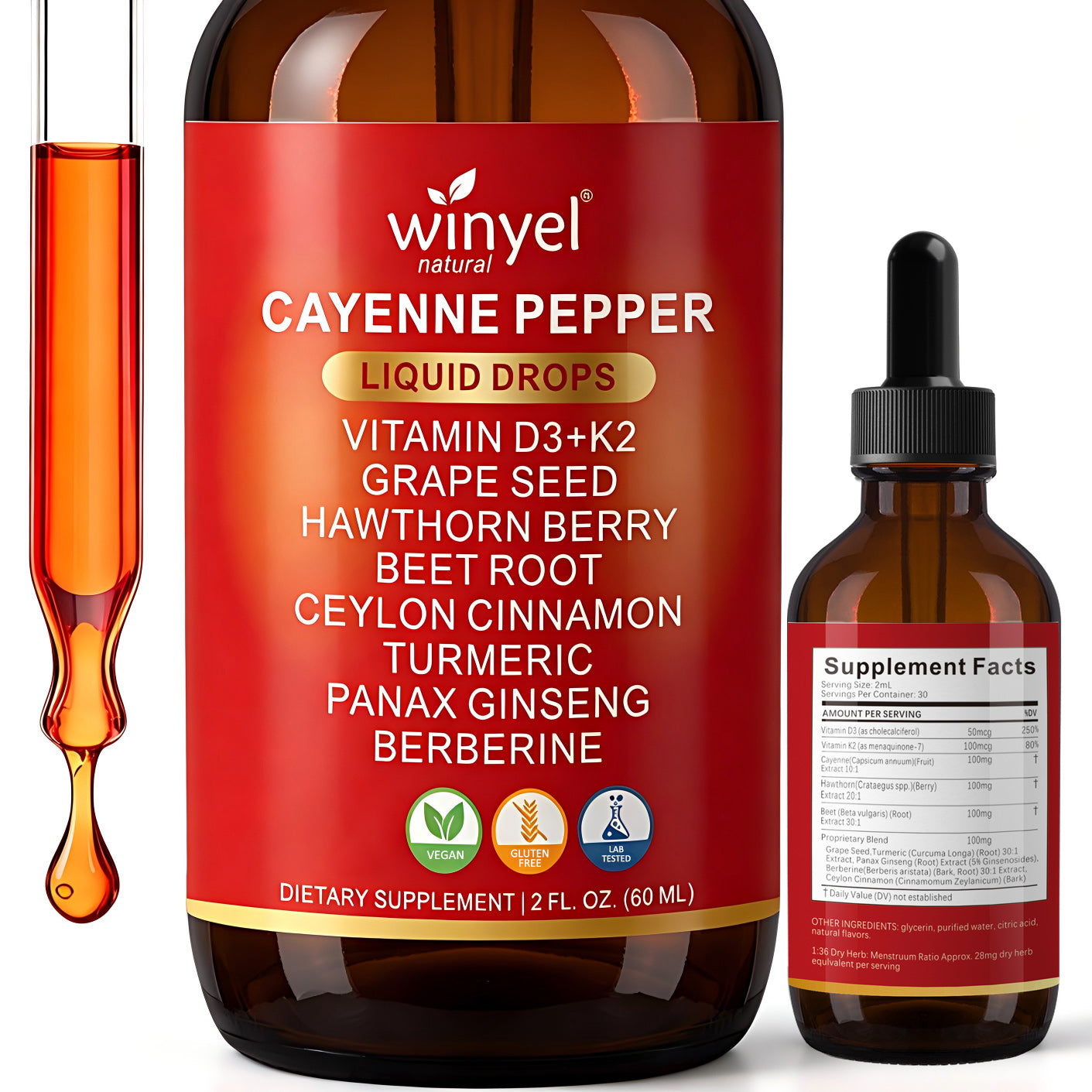 WINYEL Cayenne Pepper Drops Herbal Supplement, Hawthorn Berry, Vitamin D3 K2, Beet Root, Ceylon Cinnamon, Turmeric & Berberine Extract, 60ML