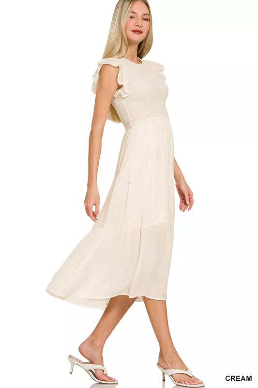 Zenana Woven Smocked Ruffle Sleeve Midi Dress