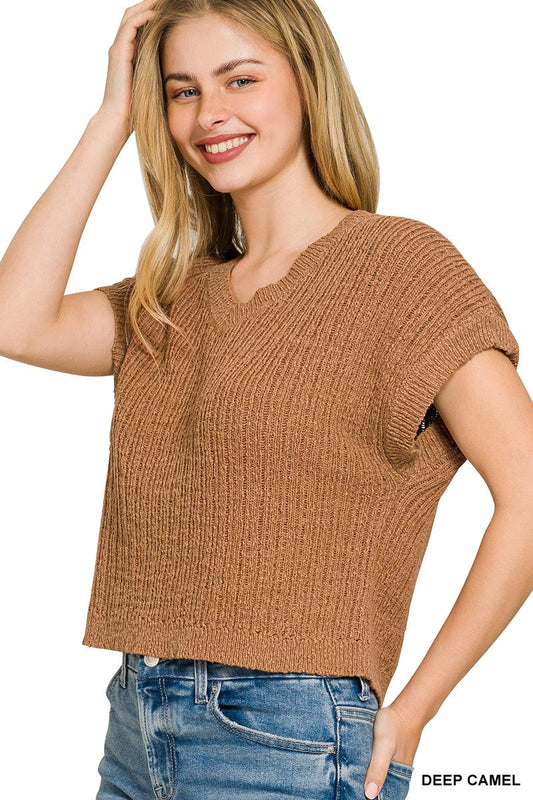 Zenana Textured Knit V-Neck Cropped Sweater