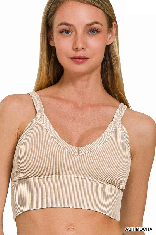 Zenana Washed V Neck Seamless Cropped Bra Top