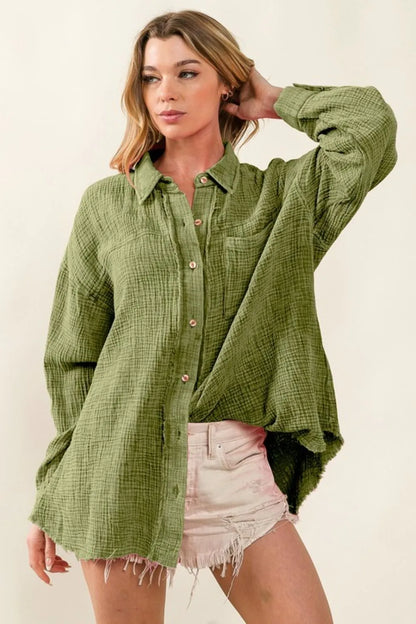 BiBi Raw Edge Detailed Mineral Washed Loose Fit Shirt